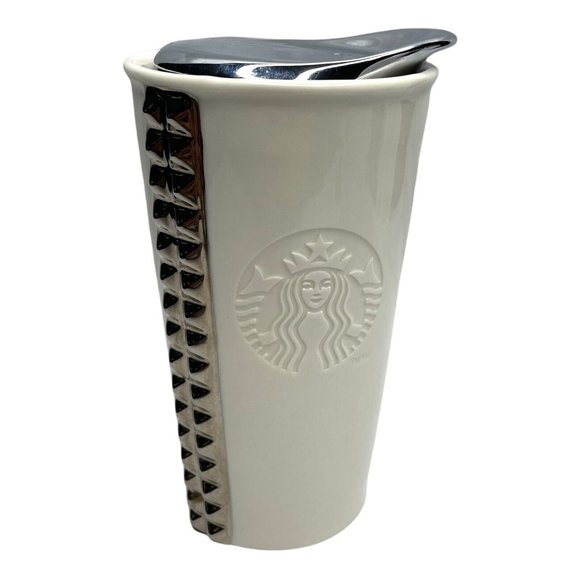 Starbucks Red Dot Box Mug White 10oz Ceramic Chrome Silver Lid Studded 2014